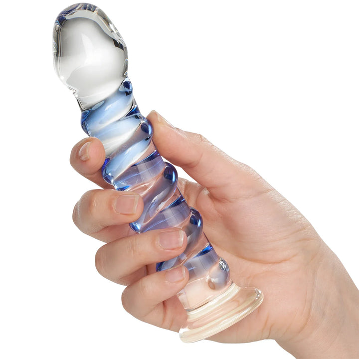 Blue Ribbed Glass Anal Dildo